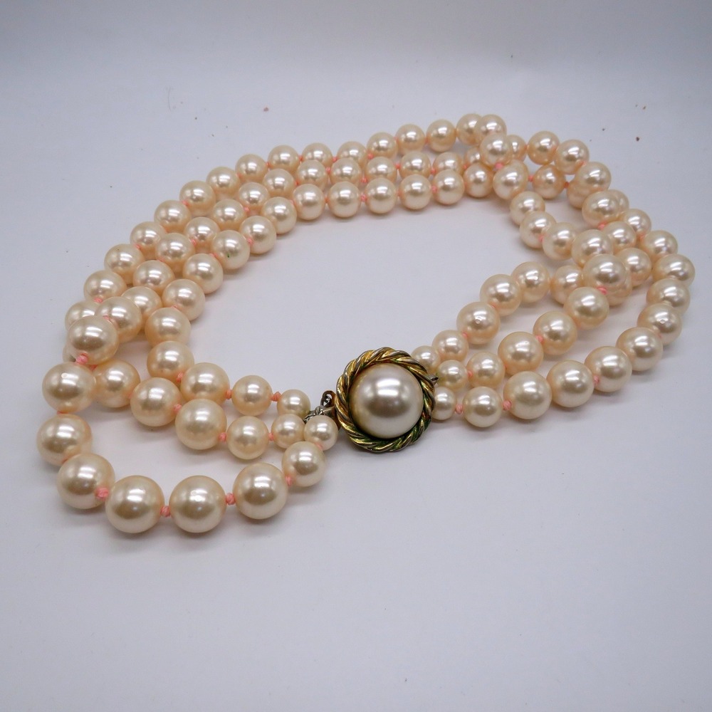 Vintage Double Strand Faux Pearl Necklace Hand Knotted Gold Tone Clasp 16 Inch